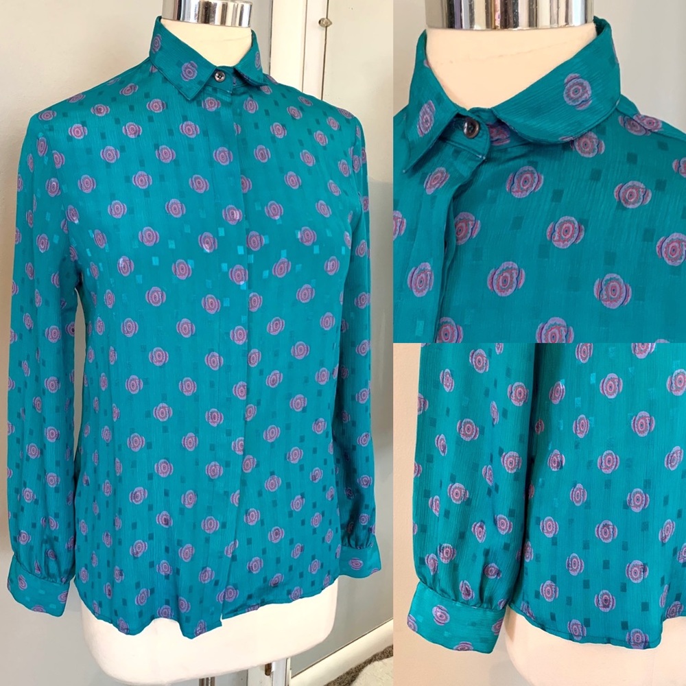 Vintage Teal Floral Secretary Blouse Sz M